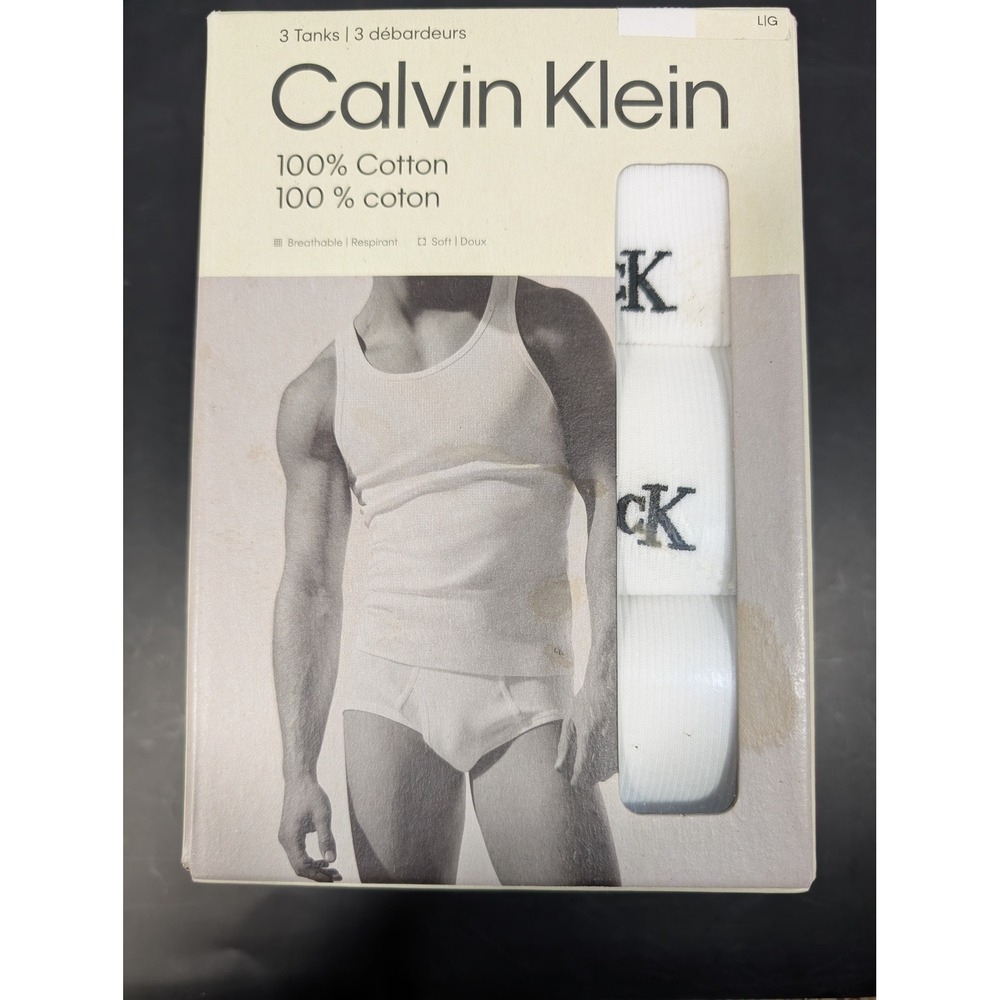 Calvin Klein Mens 3-Pack 100% Cotton Classic Fit Tank Top White NB4036 Lg NIB